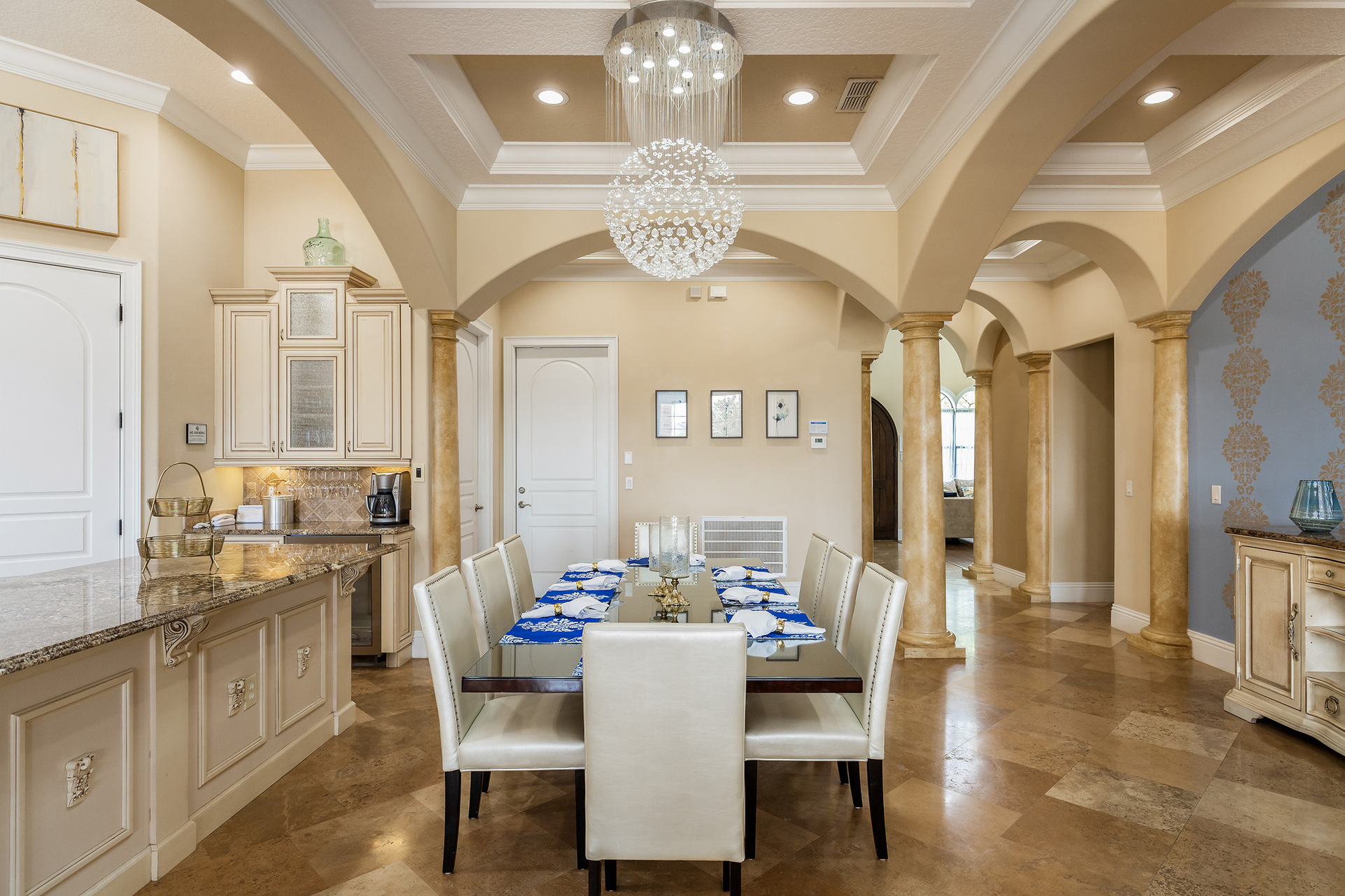 Host a family-style dinner at the formal dining table with seating for up to 8