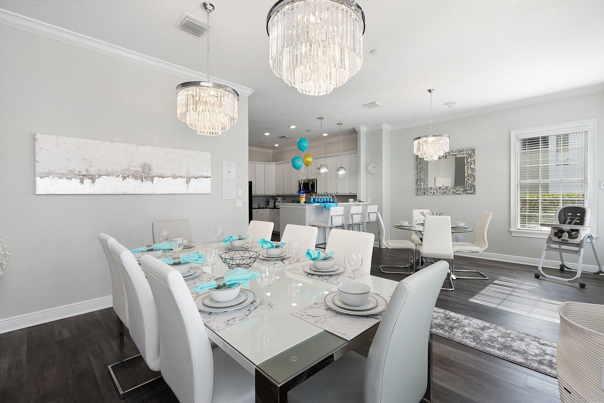 Dining for 8 main table, 4 secondary and 3 bar stools
