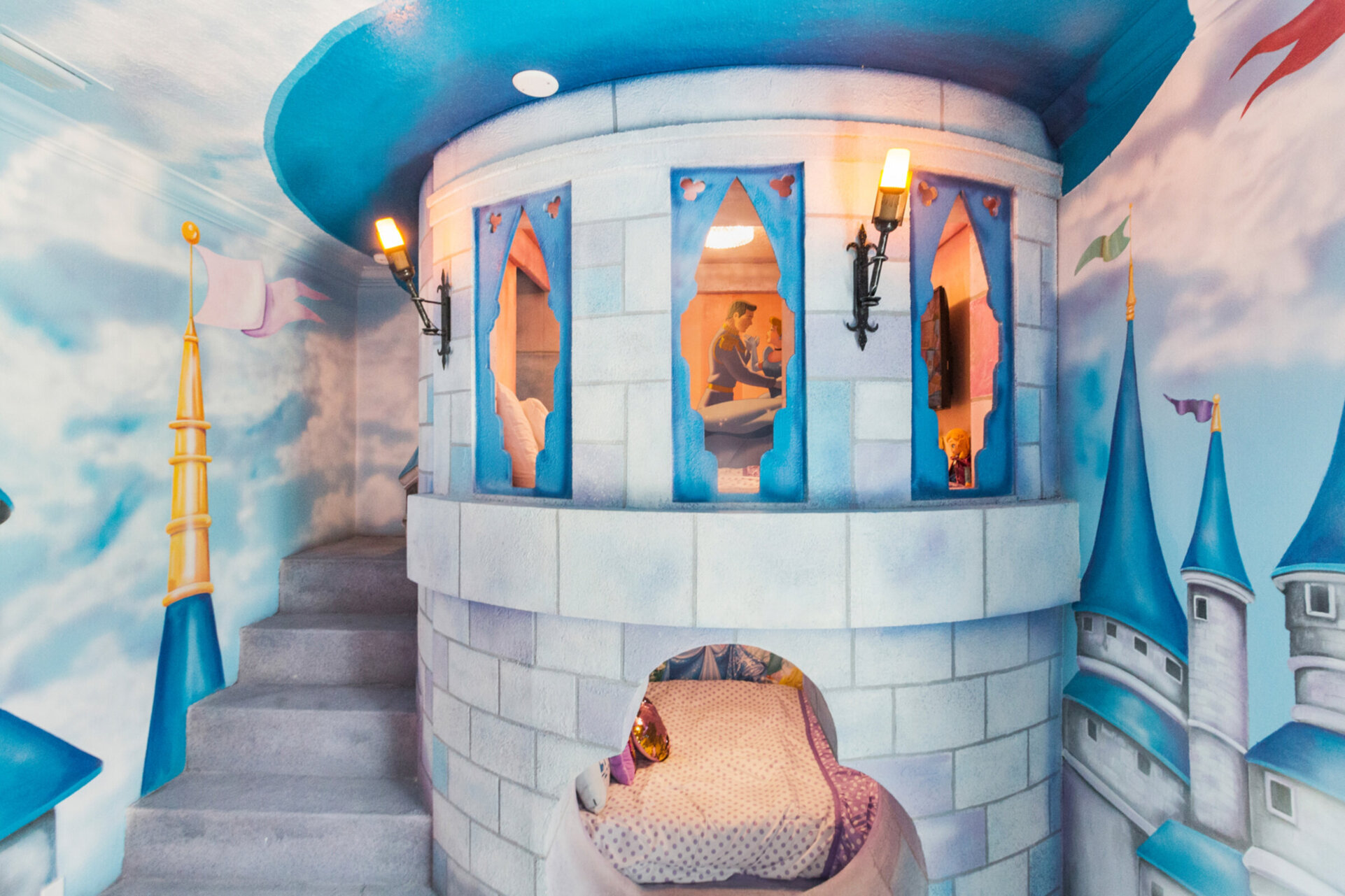 A magical castle awaits princesses in this amazing custom built full over full bed